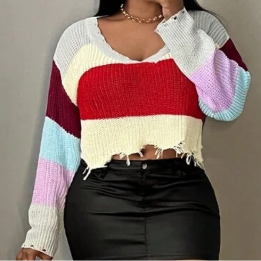Patchwork Long Sleeve Cottage Cropped Sweater Wom… - image 3